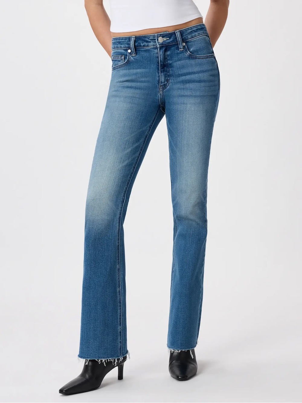 Quince Luna Stretch Mid Rise Flare Jeans Twilight Blue Fray Size 32